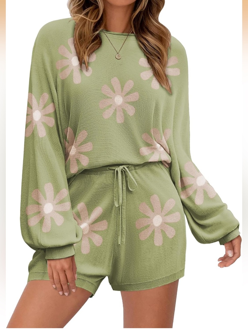 Daisy Knit Lounge Set in Sage Green